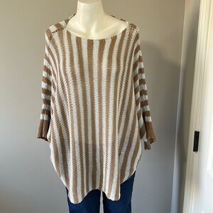 Anthropologie Wooden Ships Boatneck Open Knit Batwing Tan Light Blue Sweater M/L